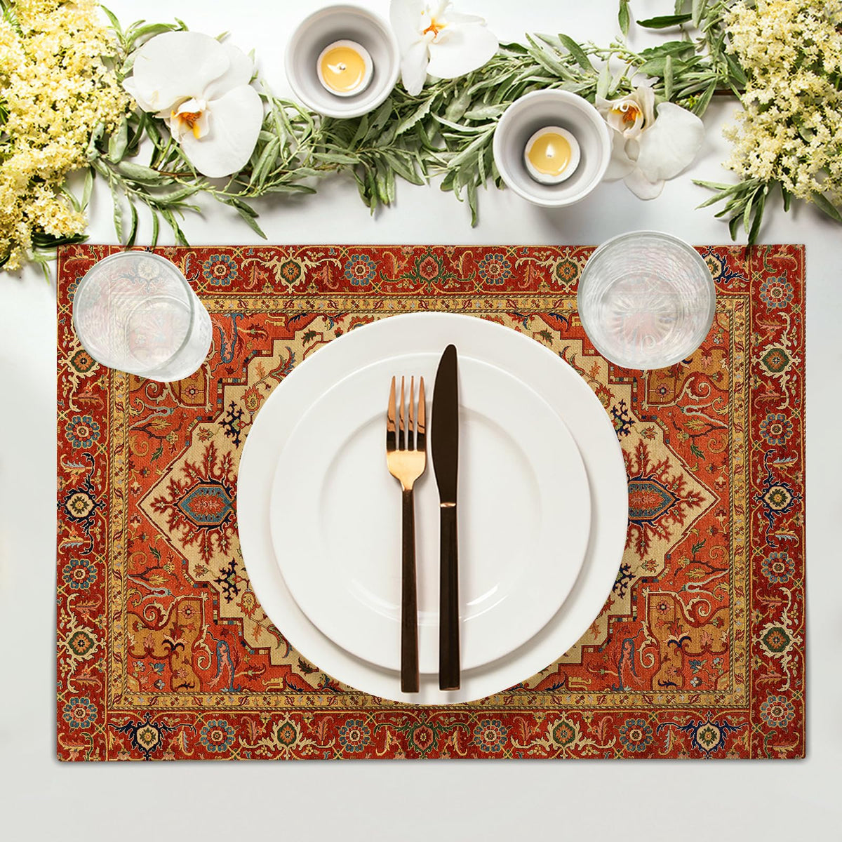 Boho Ethnic Placemats Set of 4 Orange Brown Retro Flower Linen 12"x18" A252