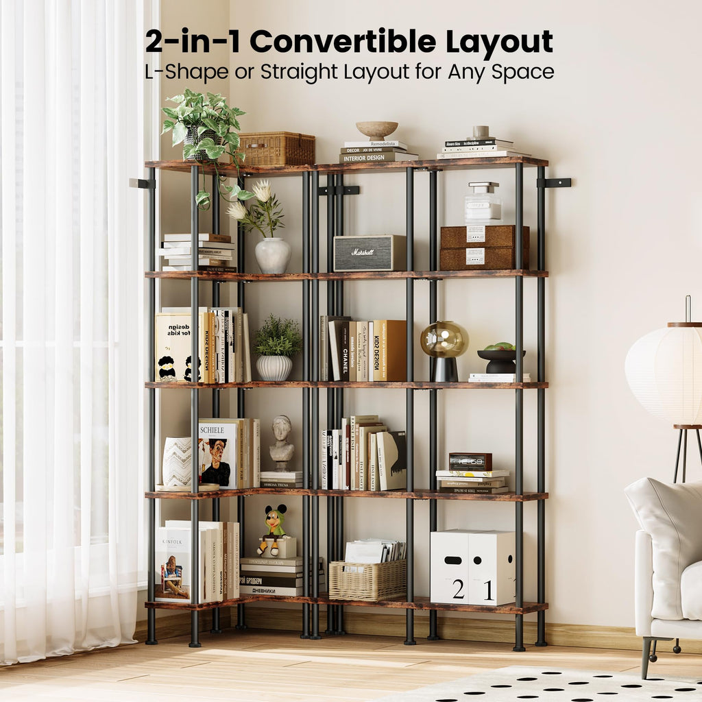 L-Shaped 5-Tier Rustic Brown Bookshelf O810