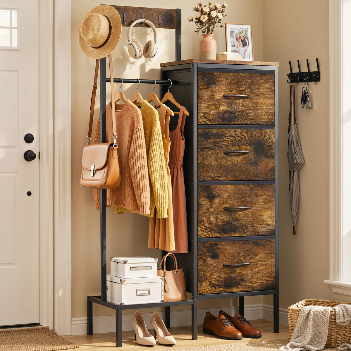 Brown Wood Dresser with Hanging Rack and Storage Drawers A536