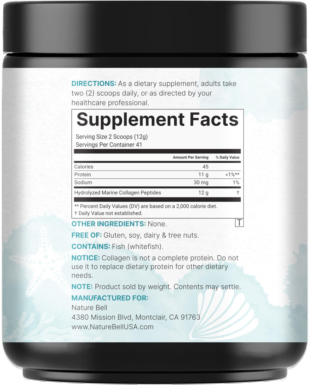 Marine Collagen Powder, 500g Hydrolyzed Type I & III Peptides, Unflavored J395