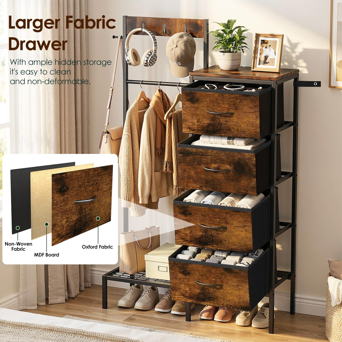 Brown Wood Dresser with Hanging Rack and Storage Drawers A536