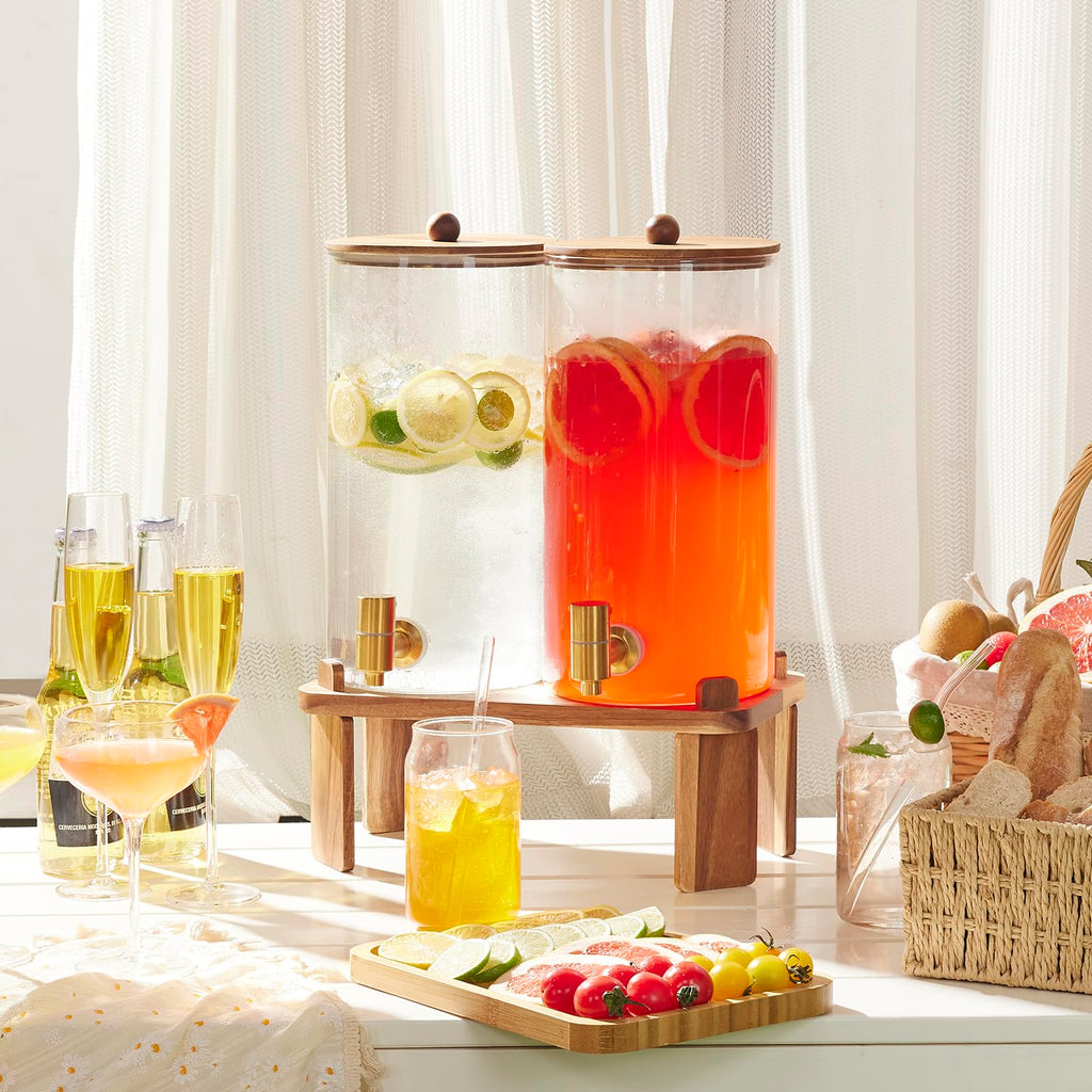 2pcs 1.5 Gallon Glass Drink Dispenser with Wood Stand Q207