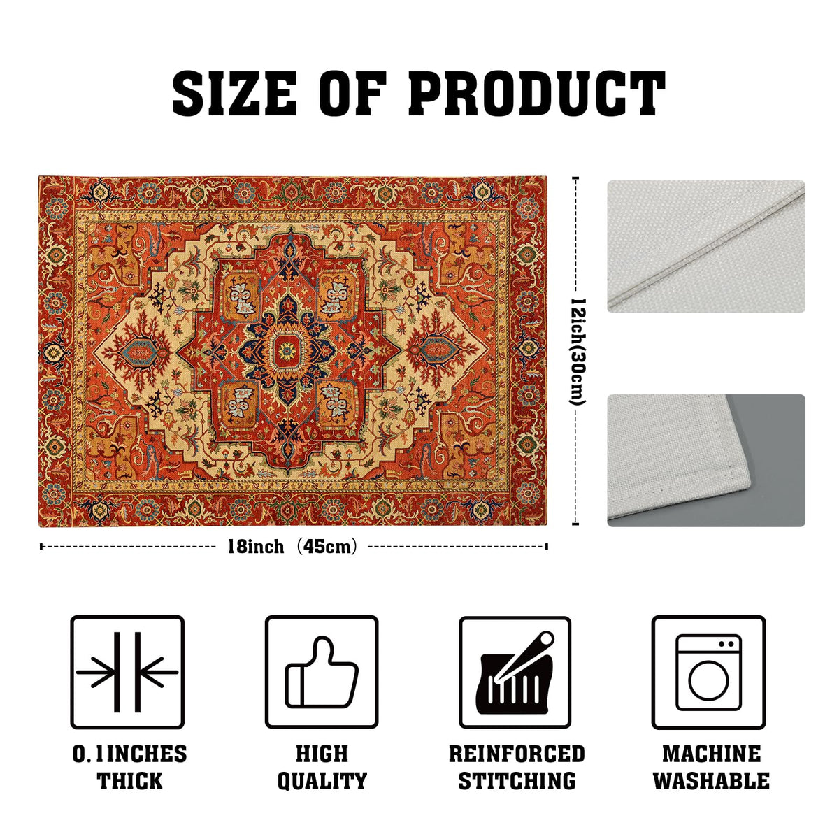Boho Ethnic Placemats Set of 4 Orange Brown Retro Flower Linen 12"x18" A252