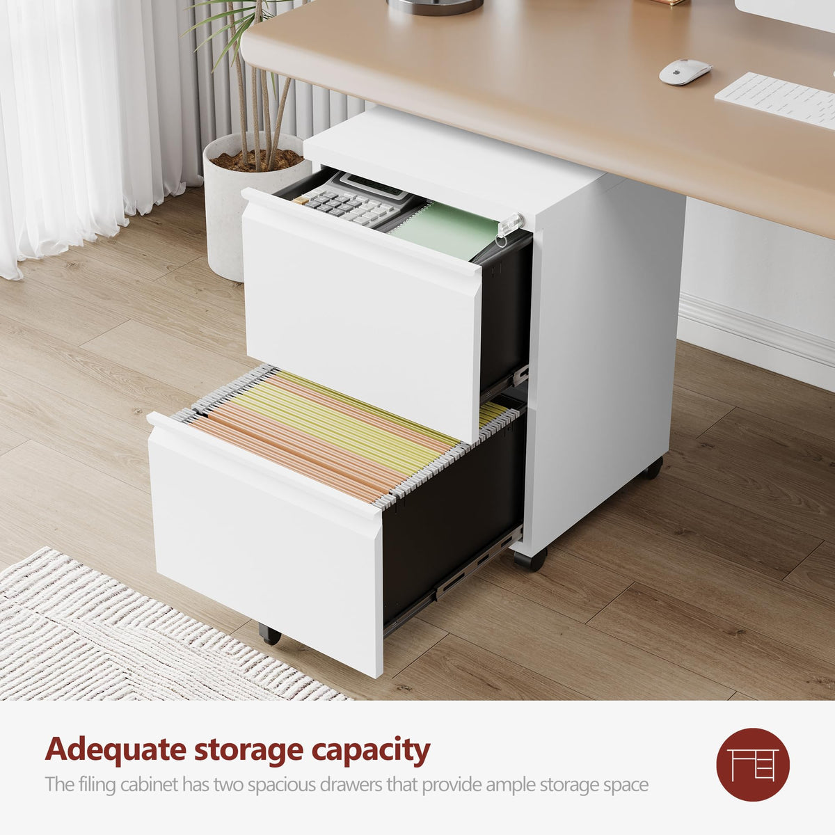2 Drawer White Metal File Cabinet with Lock and Wheels D4151