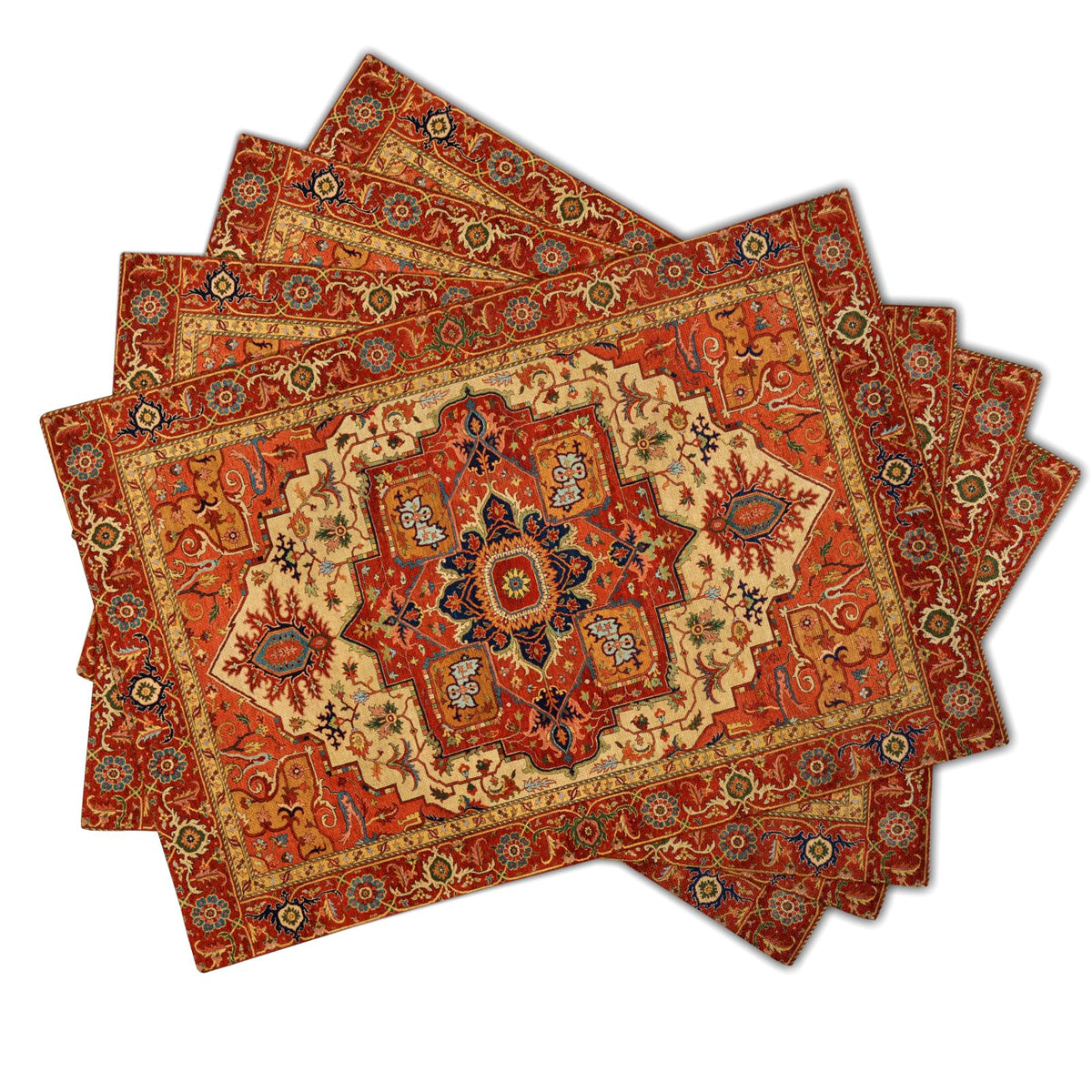 Boho Ethnic Placemats Set of 4 Orange Brown Retro Flower Linen 12"x18" A252