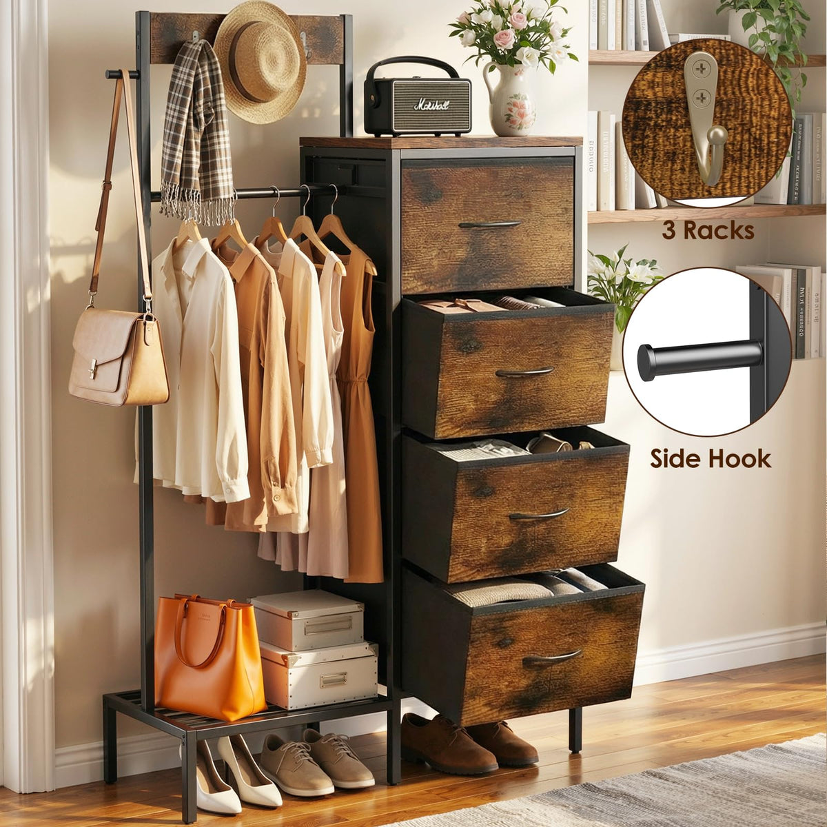 Brown Wood Dresser with Hanging Rack and Storage Drawers A536