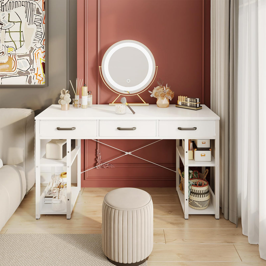 White 48" Computer Desk with Fabric Drawers and Storage Shelves Z2673