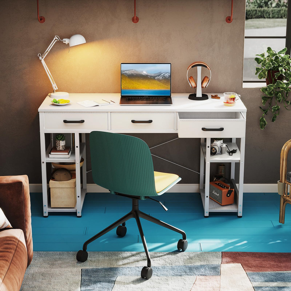 White 48" Computer Desk with Fabric Drawers and Storage Shelves Z2673