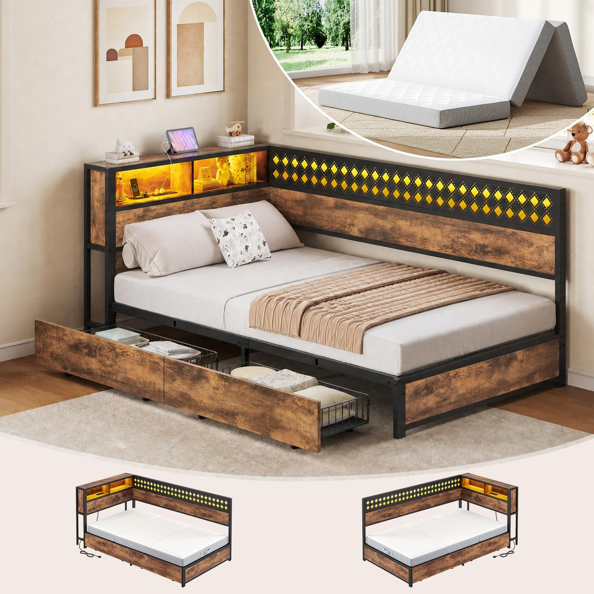 Twin Corner Bed Frame with Mattress and 2 Storage Drawers O511