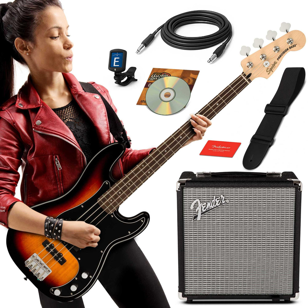 3-Color Sunburst Precision Bass with Amplifier, Cable, Gig Bag, Tuner, Strap U8720