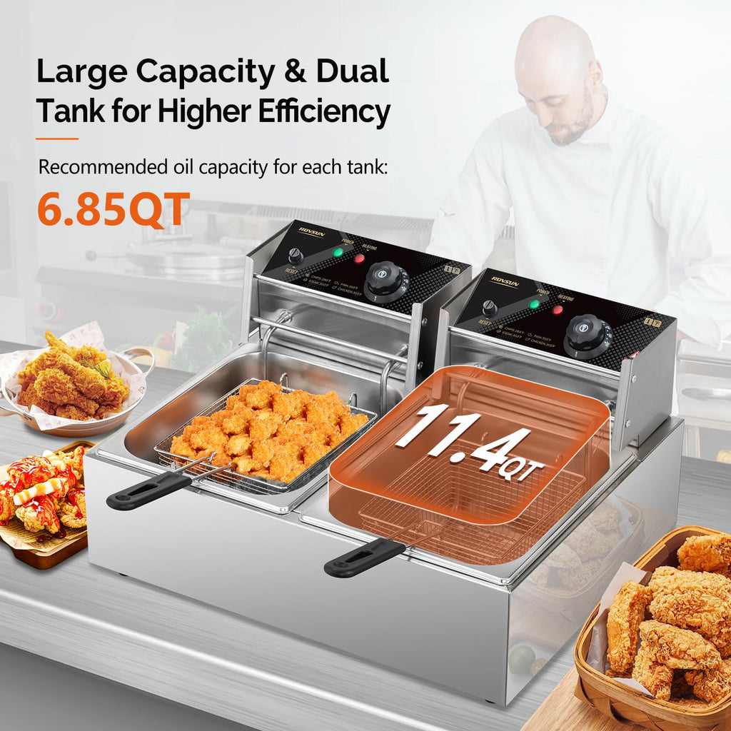 22.8QT Stainless Steel Electric Double Deep Fryer with Baskets & Lids Q2480