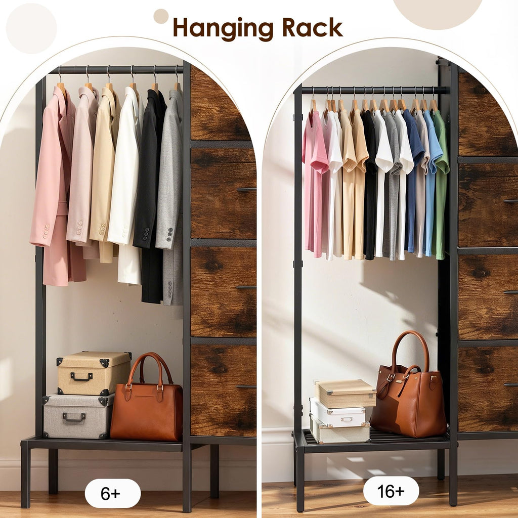 Brown Wood Dresser with Hanging Rack and Storage Drawers A536