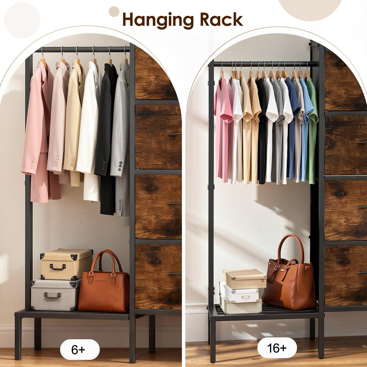 Brown Wood Dresser with Hanging Rack and Storage Drawers A536