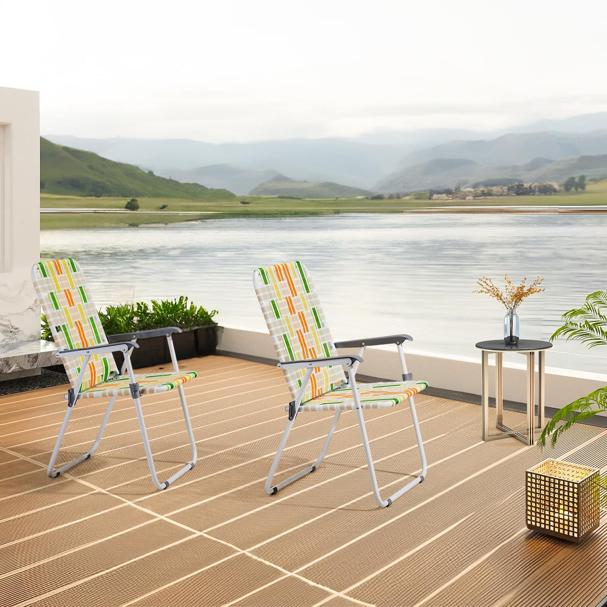 Yellow & Green Webbed Lawn Chairs Set of 2 B9457