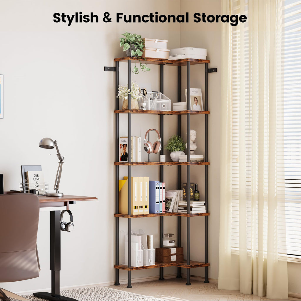L-Shaped 5-Tier Rustic Brown Bookshelf O810