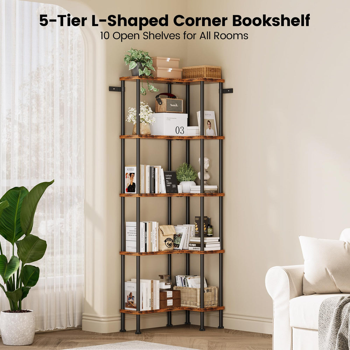 L-Shaped 5-Tier Rustic Brown Bookshelf O810