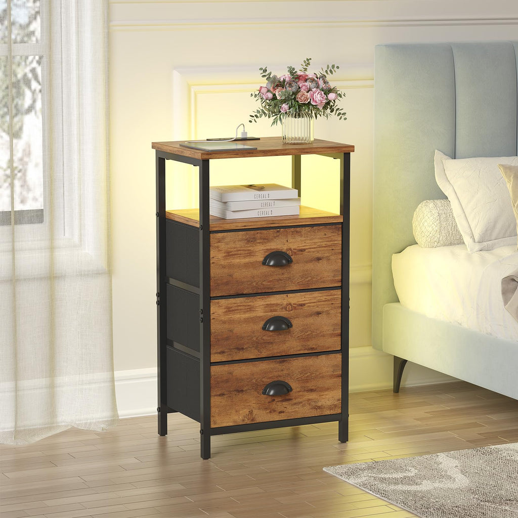 Rustic Brown End Table with Charging Station and LED Light, 3 Fabric Drawers H54924