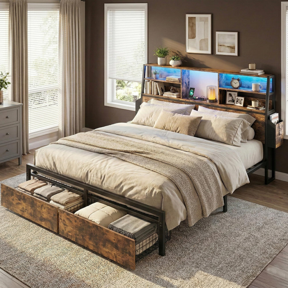 Queen Bed Frame with Storage Headboard and 2 Drawers A1922
