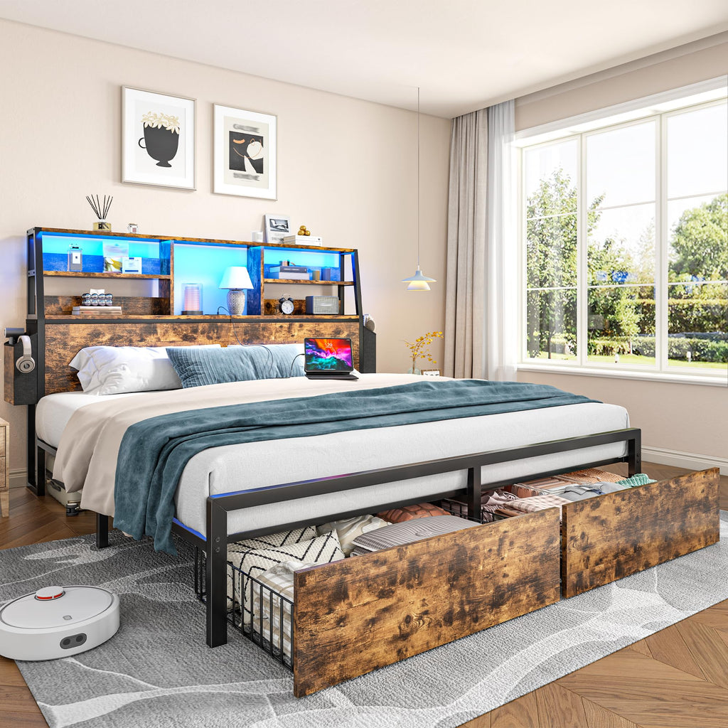 Queen Bed Frame with Storage Headboard and 2 Drawers A1922