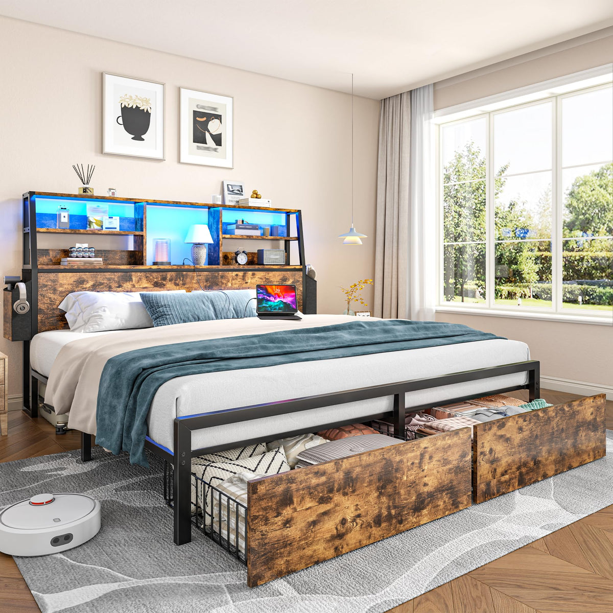 Queen Bed Frame with Storage Headboard and 2 Drawers A1922