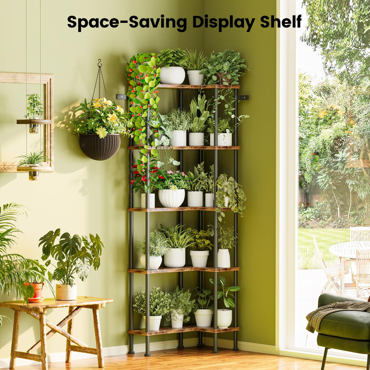 L-Shaped 5-Tier Rustic Brown Bookshelf O810