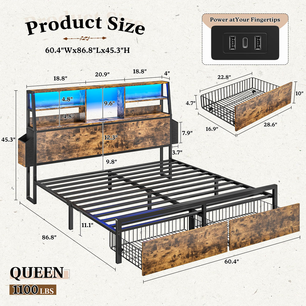 Queen Bed Frame with Storage Headboard and 2 Drawers A1922