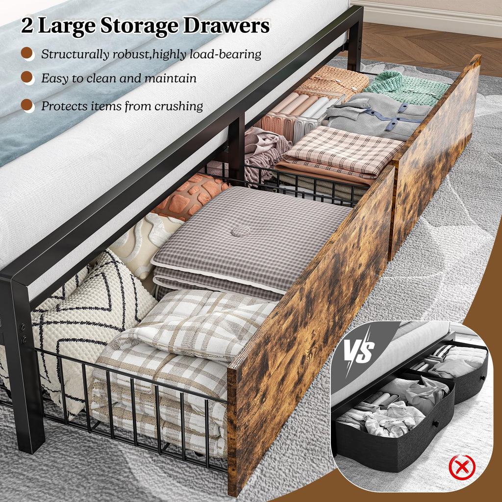 Queen Bed Frame with Storage Headboard and 2 Drawers A1922