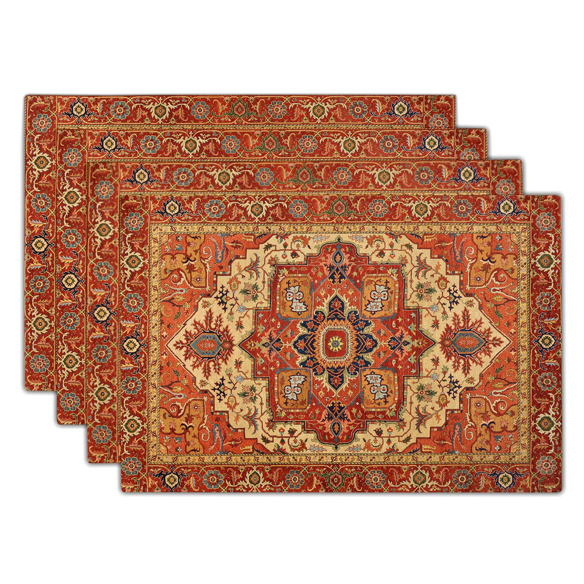 Boho Ethnic Placemats Set of 4 Orange Brown Retro Flower Linen 12"x18" A252