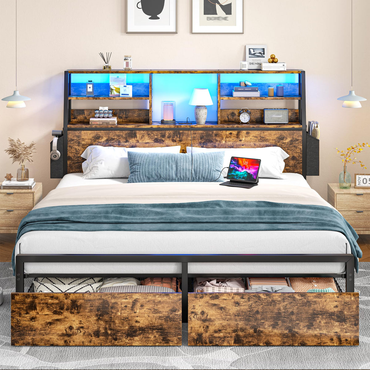 Queen Bed Frame with Storage Headboard and 2 Drawers A1922