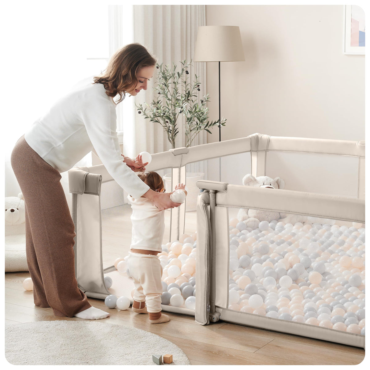 Light Khaki Foldable Baby Playpen P40133