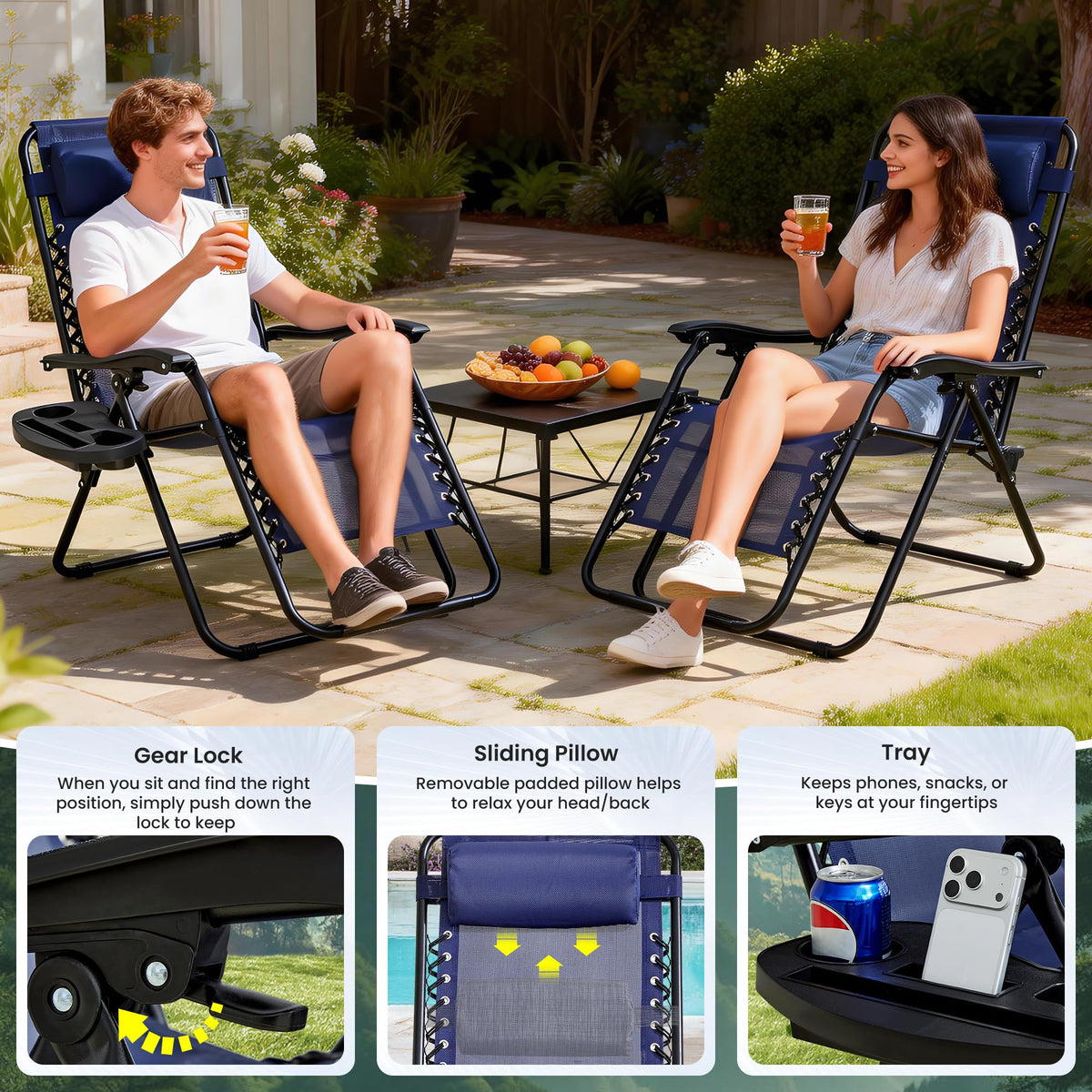 2-Pack Navy Blue Zero Gravity Lounge Chair Recliners V656